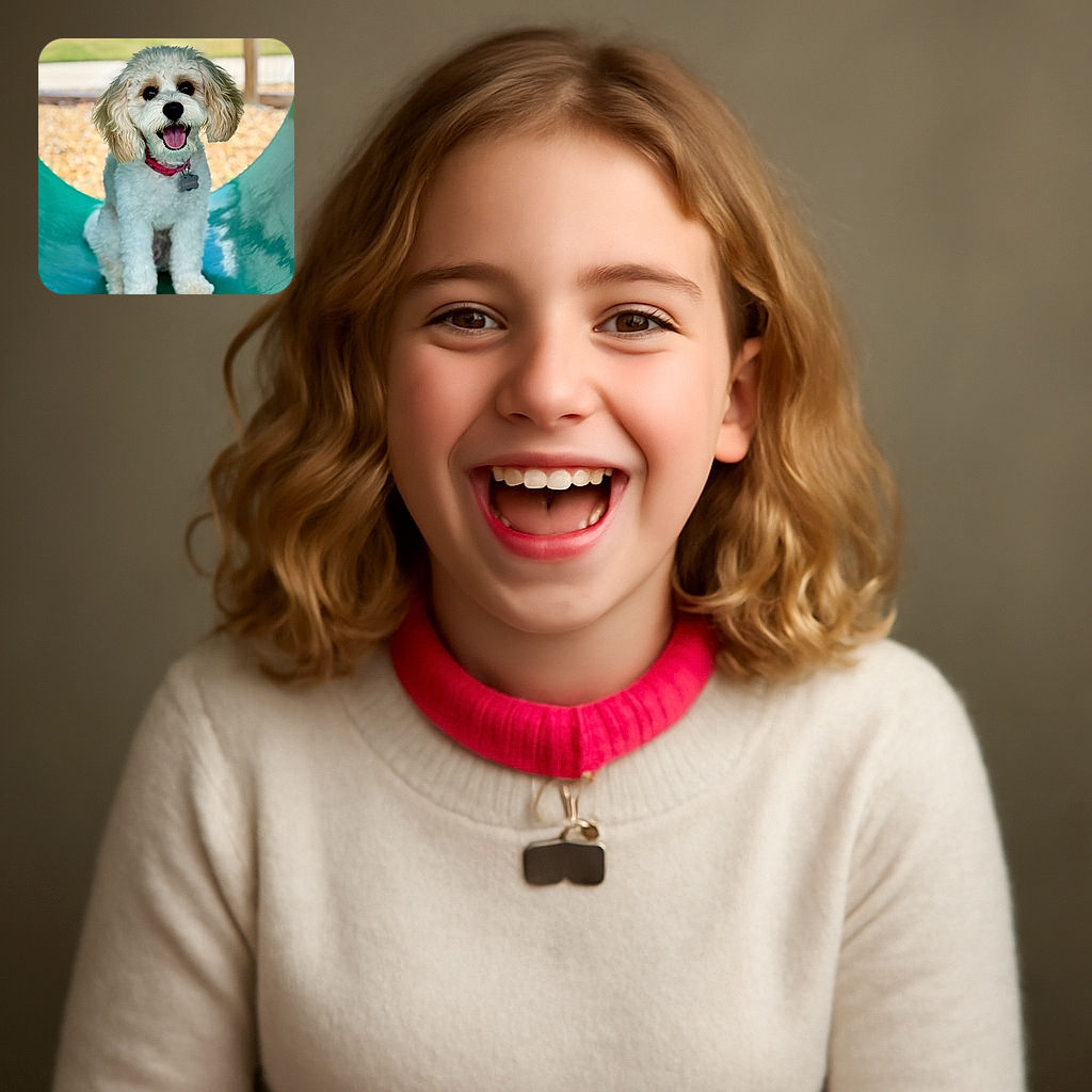 A fluffy white dog with adorable tan ears and a bright pink collar sits happily on a shiny green slide, tongue out and eyes sparkling, ready for a playground adventure.