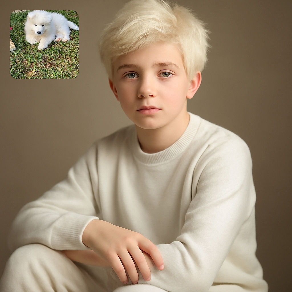 A fluffy white puppy lounges on a patch of green grass near a wall and gravel, looking adorably calm and cozy with a slightly curious expression. Another similar fluffy figure is partly visible on the right side, suggesting a playful duo.