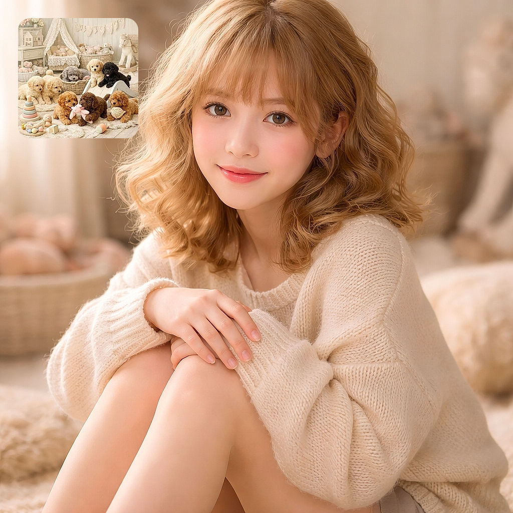 A delightful gathering of fluffy puppies in a cozy, vintage-style nursery setting, surrounded by soft toys and pastel-colored decor, looking as adorable as a living teddy bear convention.