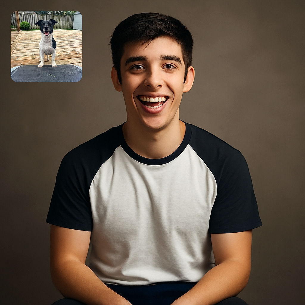 A joyful black and white dog stands on a wooden deck, front paws resting on a dark textured surface, looking eagerly at the camera with its tongue out and ears perked up, surrounded by a backyard fence, greenery, and a shed.