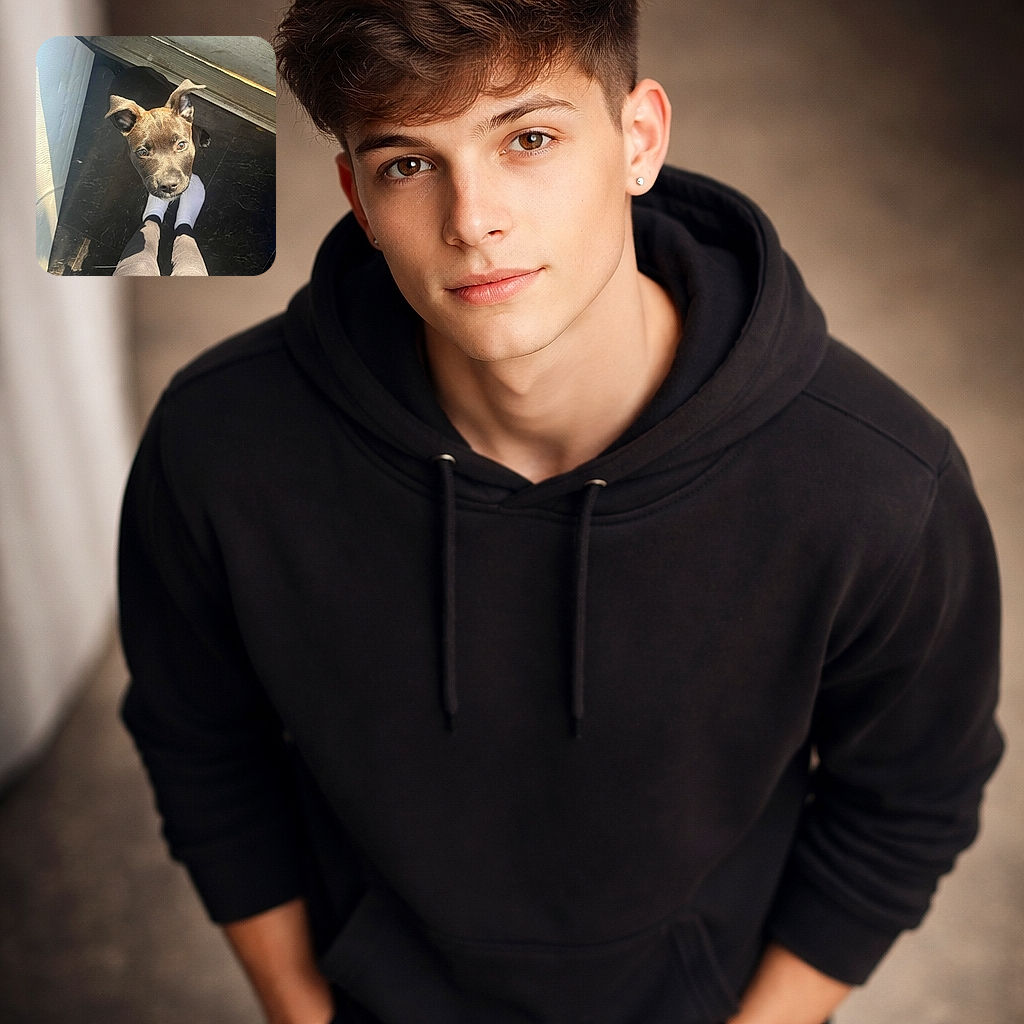 A sunlit little puppy stares up with radar-dish ears and big pleading eyes, gently resting its chin on my socked feet — pure 'scratch me' charm in a doorway spotlight.