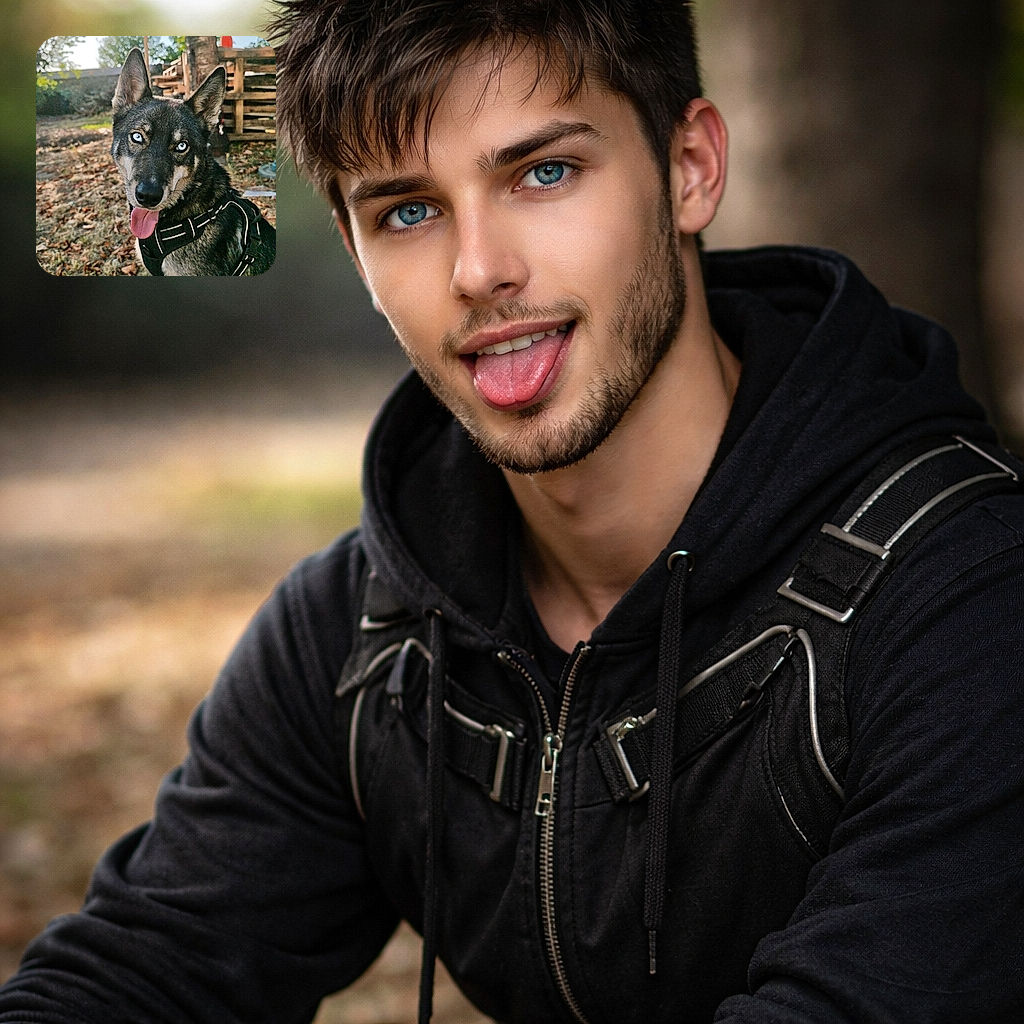 A striking dog with mesmerizing icy blue eyes sits obediently outdoors, tongue out in a happy pant, wearing a black harness. The sun filters through the green leaves above, casting a warm glow on the autumnal ground covered with fallen leaves. The background features a tree trunk and some rustic wooden pallets, adding a touch of countryside charm.