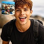 A happy dog with floppy ears and a big smile stands on rocky terrain near a sparkling blue sea, tongue out and eyes full of joy, capturing the essence of a perfect day outdoors.