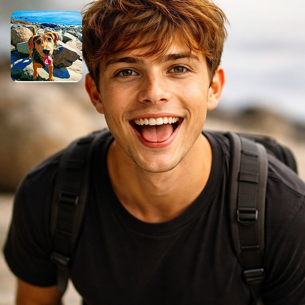 A happy dog with floppy ears and a big smile stands on rocky terrain near a sparkling blue sea, tongue out and eyes full of joy, capturing the essence of a perfect day outdoors.