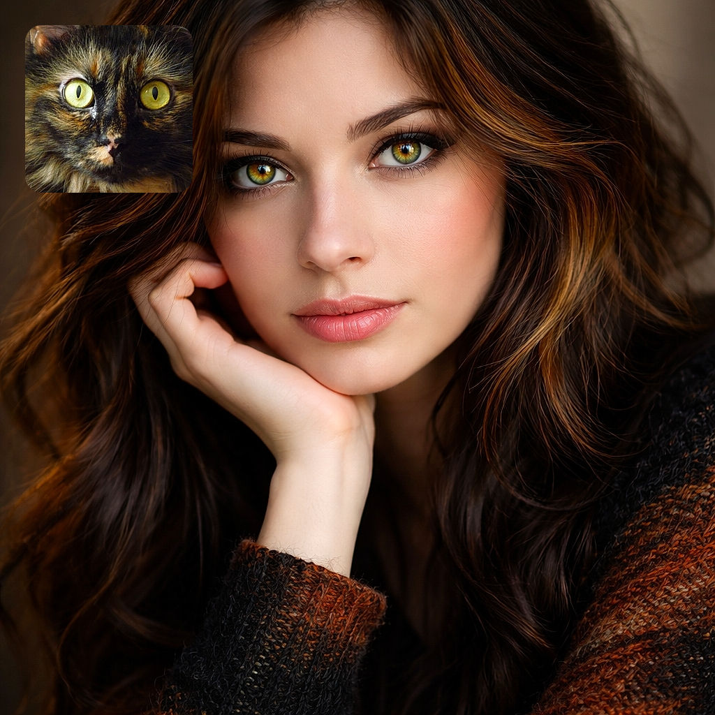 A hypnotic tortoiseshell cat fills the frame with enormous yellow eyes like twin moons — whiskers splayed, a smudge of pink on the nose, and an expression that screams "give me treats or face the stare."