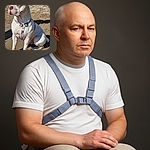 A sturdy white dog with a brown patch over one eye sits patiently on a sandy beach, sporting a camo-patterned harness and soaking up the sunlight with a calm, almost regal expression.