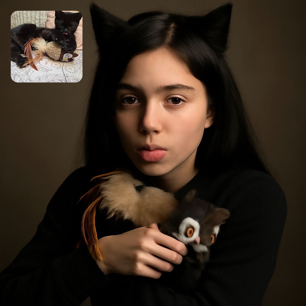 A playful black cat is clutching a feathery toy with its paws, tongue out in mid-lick, lying on a textured blanket with cushions in the background. The cozy scene captures the cat's mischievous and curious nature.