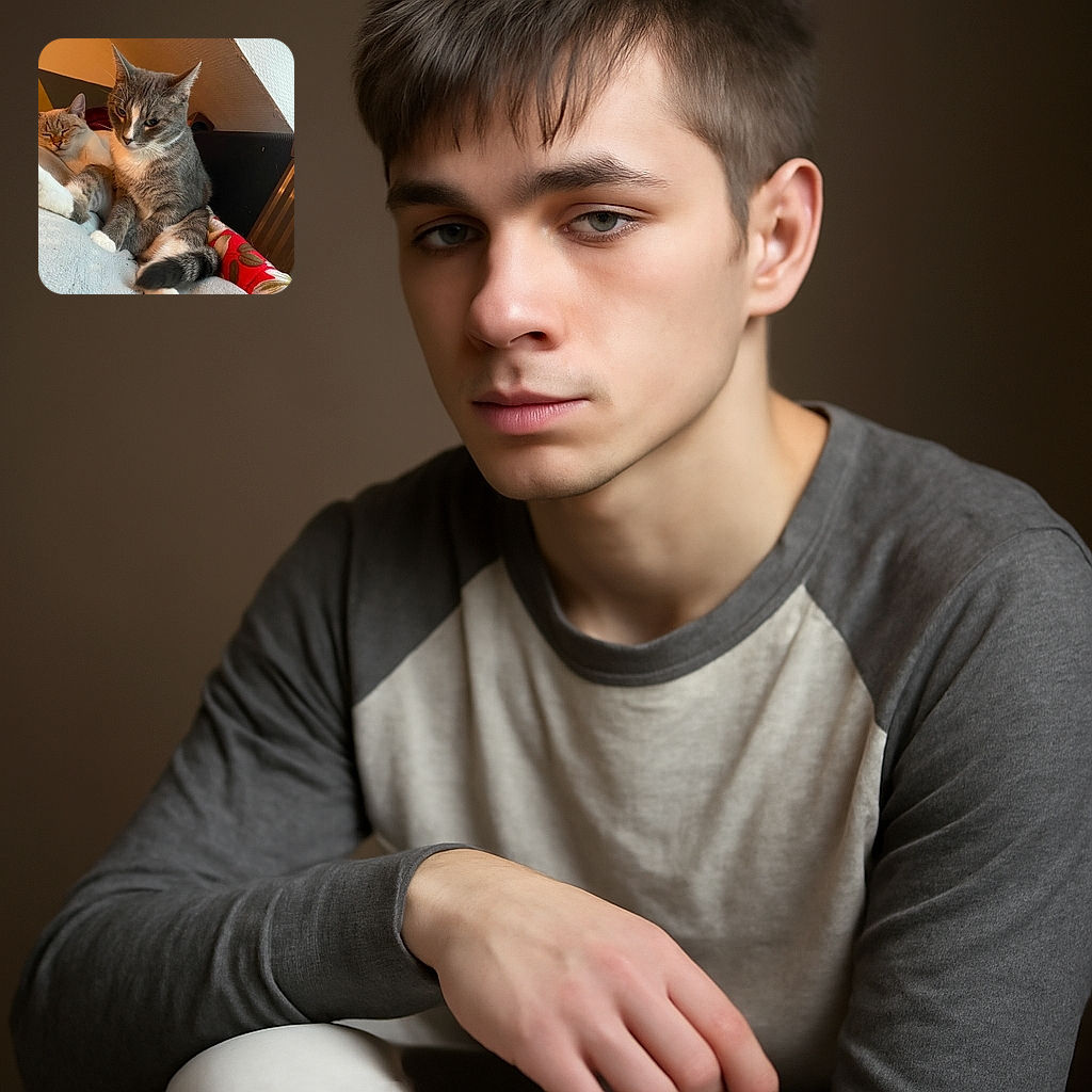 Two cats are chilling on a cozy blanket, one looking relaxed and sleepy while the other seems to be deep in thought, all wrapped up in a warm, homely corner with soft lighting and a splash of colorful fabric.