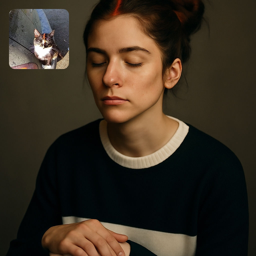 A black and white cat sits patiently on the dusty bumper of a car with a small bright orange lizard perched on its head, seemingly unaware of its unusual hat.