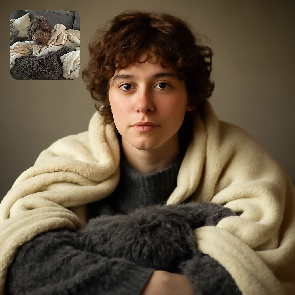 A cozy, fluffy dog nestles among a pile of soft, cream-colored blankets on a couch, looking comfortably snug and ready for a nap in a warm, homely setting.