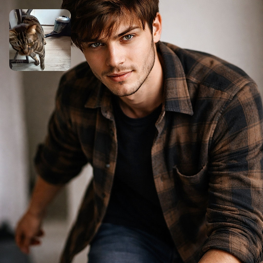 A curious tabby cat photobombs the frame mid-stride next to a vacuum cleaner — motion blur gives it a comedic, speed-walk vibe while the vacuum watches stoically from the side.