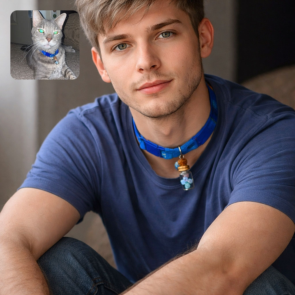 A dignified gray tabby posing like royalty — flash turned the eyes into glowing little UFOs while a bright blue collar and tiny charm proclaim this cat’s VIP status. Lounging on the carpet in a doorway, whiskers on full display and the ‘don’t mess with my nap’ expression firmly in place.