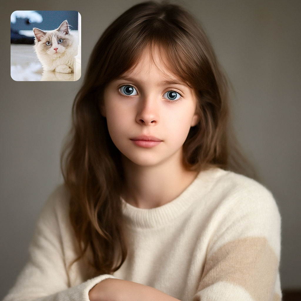 A fluffy white and gray cat with striking blue eyes peeks curiously from behind a wall, its soft fur contrasting with the smooth reflective floor, creating a cozy and charming moment.
