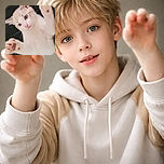 A fluffy white and cream kitten lies on its back with paws stretched out towards the camera, looking adorably curious and playful against a dark background.
