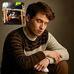 A cozy tabby cat curled up and napping peacefully on a chair cluttered with miscellaneous items including a wooden frame, hiking poles, and bright clothing in a somewhat cluttered indoor space.