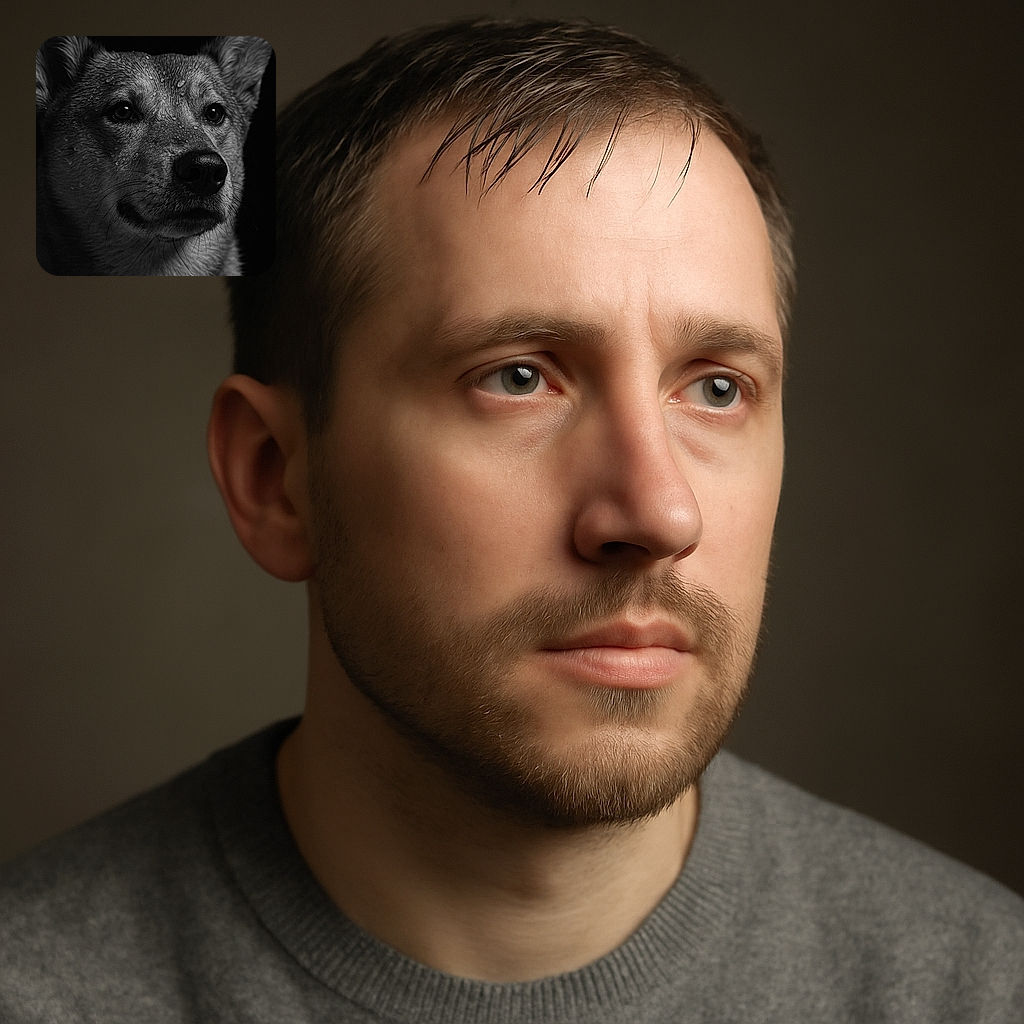 A striking black and white close-up portrait of a wet dog, with water droplets glistening on its fur, staring intently into the distance against a pitch-black background, showcasing detailed texture and soulful eyes.