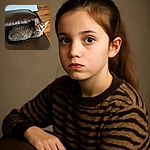 A wide-eyed tabby kitten is curled up on a dark brown leather surface, looking curiously towards the camera with big, bright blue eyes. The background shows part of a white plastic object and wooden flooring, adding a cozy indoor vibe.