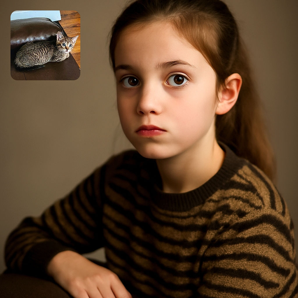 A wide-eyed tabby kitten is curled up on a dark brown leather surface, looking curiously towards the camera with big, bright blue eyes. The background shows part of a white plastic object and wooden flooring, adding a cozy indoor vibe.