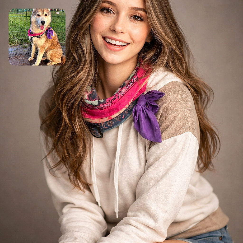 A joyful husky sitting proudly with a purple bow and pink bandana, tongue out and muddy paws showing it just finished an adventure in the park—stoic ears, fluffy fur, and a face that clearly expects treats.