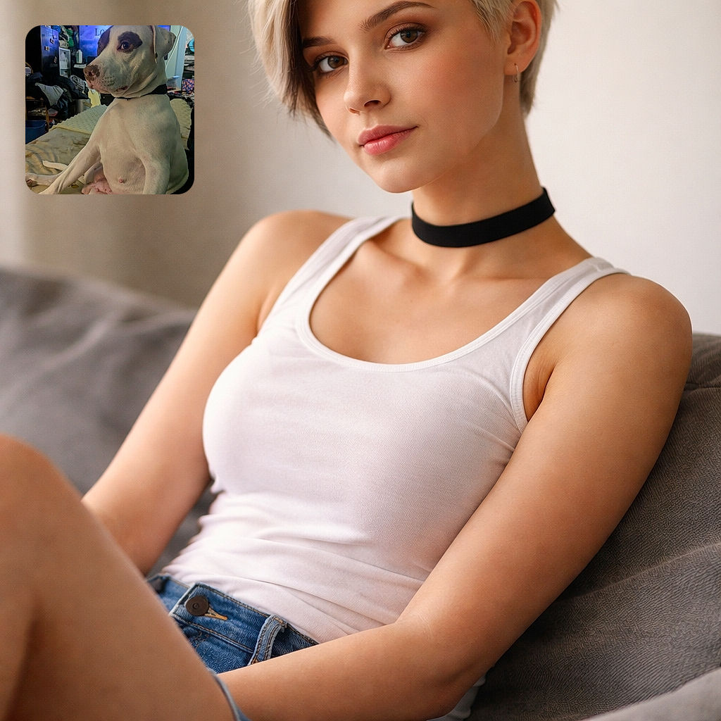 A dignified pit-bull-looking dog sitting upright on a bed like it just learned how to pose for a mugshot, while a chaotic, lived-in bedroom and a TV play in the background. The dog’s expressive eyes and spotted snout steal the show amid blankets, clothes, and household clutter — equal parts regal and 'I do what I want.'