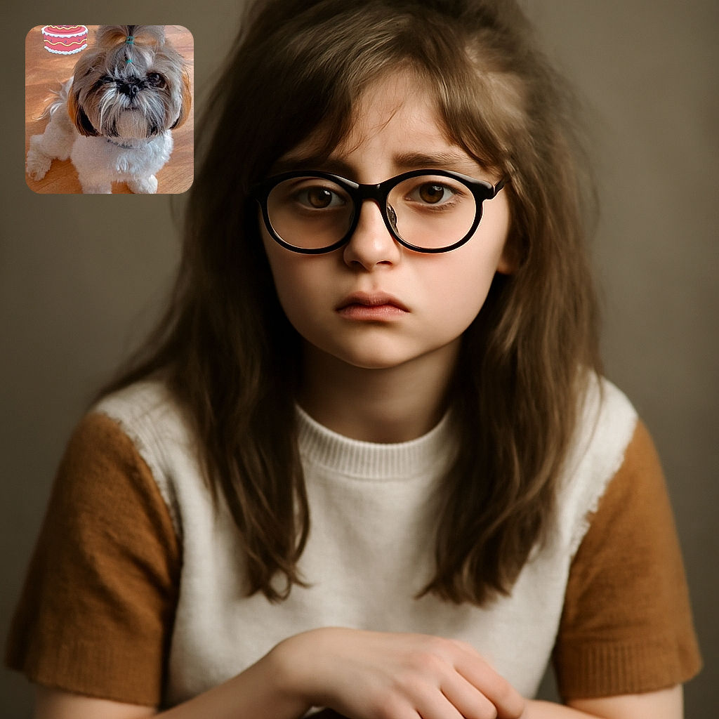 A fluffy dog with a stylish topknot stands on a wooden floor, looking adorably serious. Above it, a colorful cartoon sticker of a person popping out of a cake adds a playful birthday vibe to the scene.