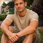 A tan dog lounges peacefully on a sunlit patch of grass in a backyard garden, surrounded by potted plants and a tree, soaking up the warmth and looking contemplative.