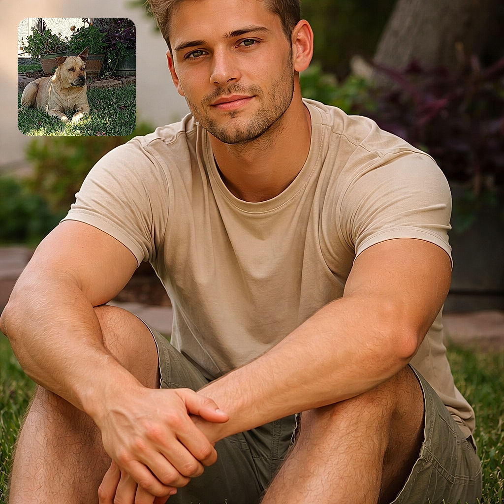 A tan dog lounges peacefully on a sunlit patch of grass in a backyard garden, surrounded by potted plants and a tree, soaking up the warmth and looking contemplative.