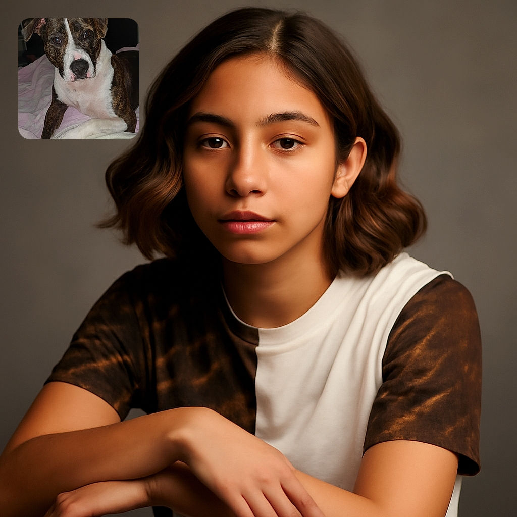 A close-up photo of a brindle and white dog lying on a bed covered with light-colored blankets, gazing curiously at the camera with soulful eyes in a dimly lit room.