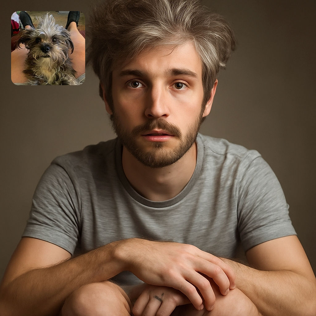A scruffy little dog with a wild tuft of hair on its head stares curiously at the camera while comfortably nestled on a person's lap, with the person's legs and slippers visible in the background, giving a cozy indoor vibe.