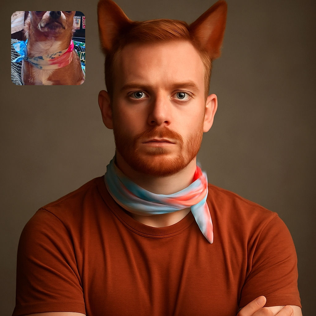 A small brown dog with a colorful bandana around its neck looks straight into the camera with big, curious eyes, sitting on a textured blanket with a cozy room background.