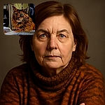 A majestic tortoiseshell cat with striking green eyes sits calmly on a table, surrounded by cozy indoor elements and a softly blurred background that includes a purple hanging decoration and a fish tank.