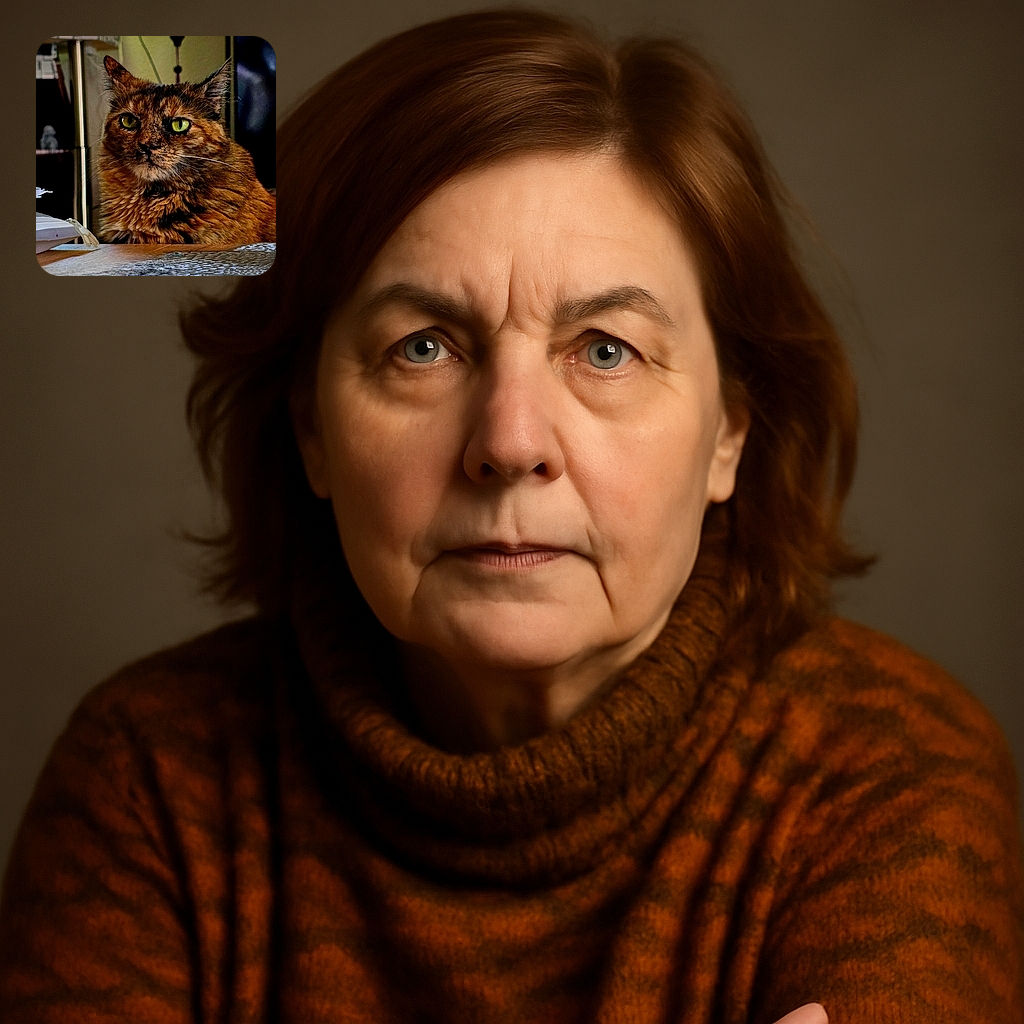A majestic tortoiseshell cat with striking green eyes sits calmly on a table, surrounded by cozy indoor elements and a softly blurred background that includes a purple hanging decoration and a fish tank.