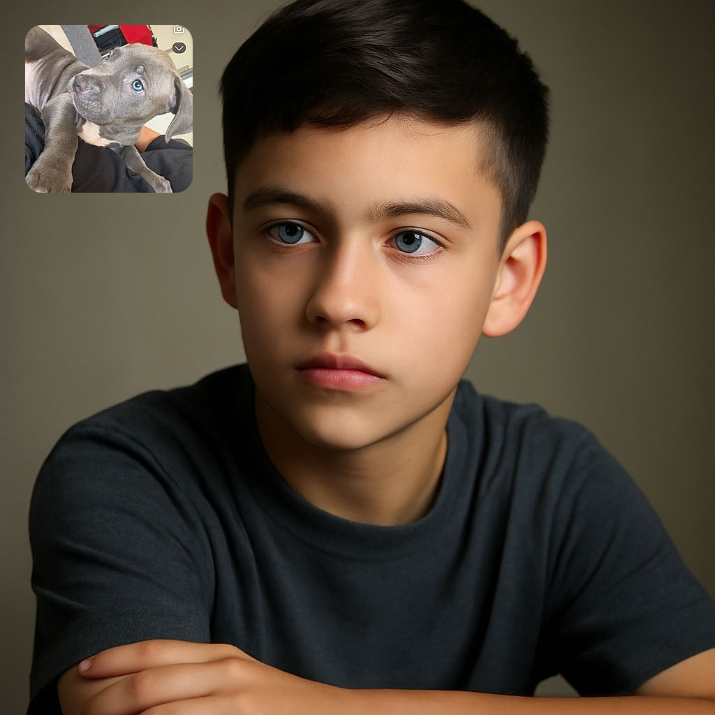 A close-up photo of a curious gray puppy with striking blue eyes resting on a person's black clothing, set in a cozy indoor environment with furniture and a red cloth in the background. The image includes user interface overlays from a mobile app, indicating options to add sound, text, and other editing tools.