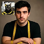 A curious black cat with striking yellow eyes is wrapped playfully in a bright yellow measuring tape, lounging comfortably on a cozy bed with soft blankets and pillows in the background.