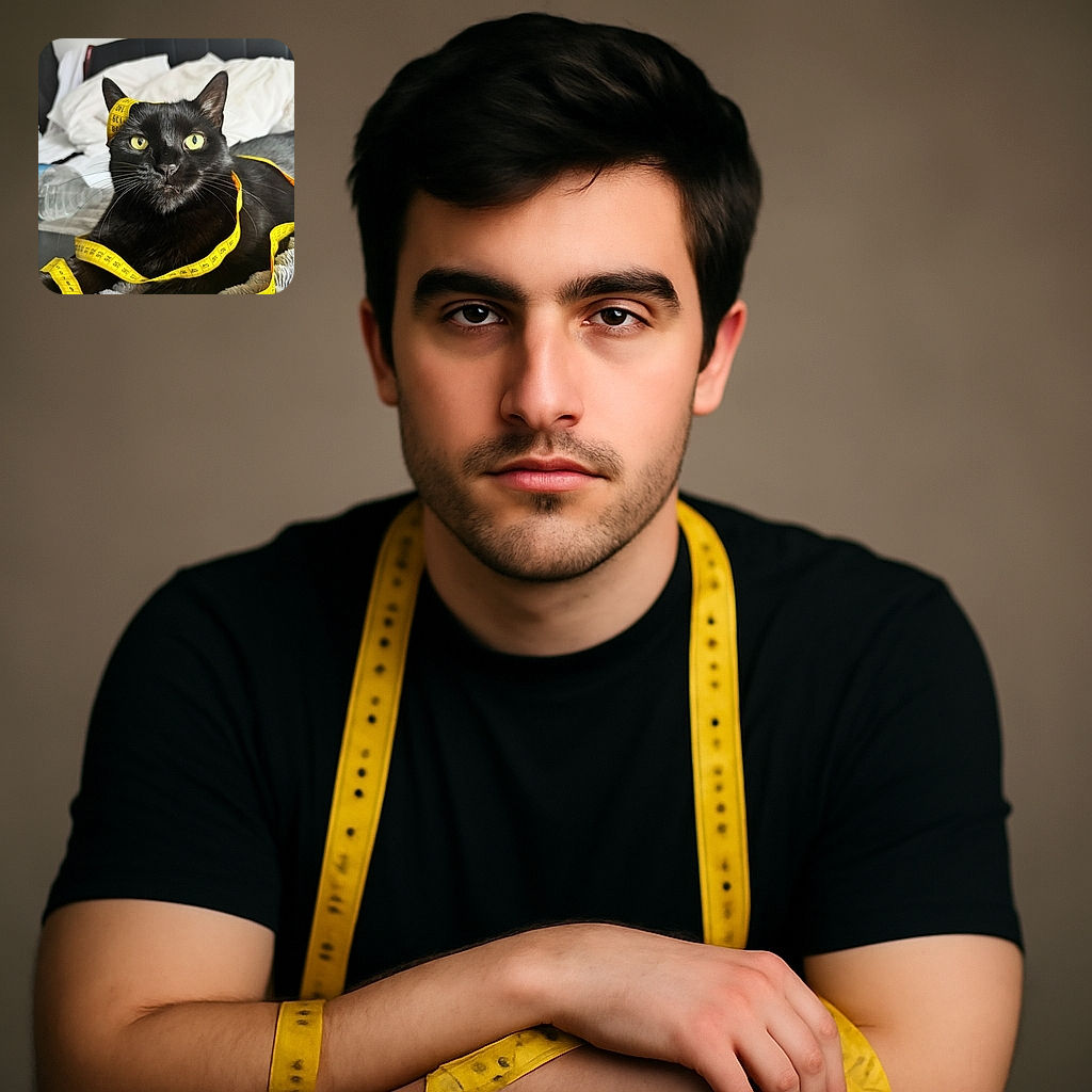 A curious black cat with striking yellow eyes is wrapped playfully in a bright yellow measuring tape, lounging comfortably on a cozy bed with soft blankets and pillows in the background.