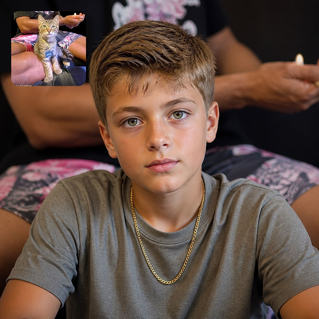 A wide-eyed tabby cat sits proudly in someone’s lap, wearing a shiny gold chain and a tiny tag like it just became the neighborhood’s most serious celebrity. Behind it, a person holds a phone while colorful clothing and a dark indoor background complete the candid portrait.