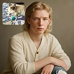 A fluffy cream-colored cat with striking blue eyes lounges on a cozy blue and white cloud-patterned blanket, poised to pounce on a feathered blue toy. The background features a festive shelf with Christmas decorations and plush toys, while the foreground shows a leg wearing pajamas adorned with cartoon mice and cheese, adding a playful touch to the scene.