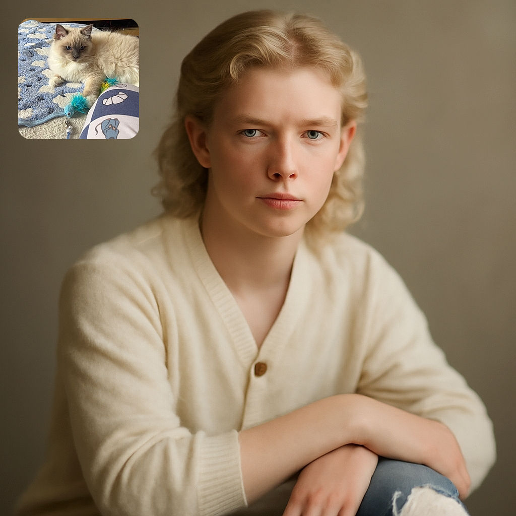 A fluffy cream-colored cat with striking blue eyes lounges on a cozy blue and white cloud-patterned blanket, poised to pounce on a feathered blue toy. The background features a festive shelf with Christmas decorations and plush toys, while the foreground shows a leg wearing pajamas adorned with cartoon mice and cheese, adding a playful touch to the scene.