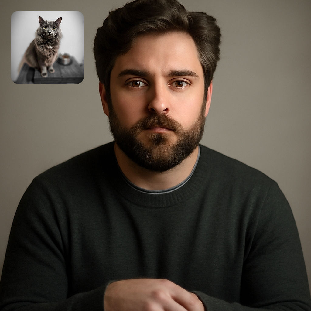 A fluffy gray cat with striking yellow eyes sits attentively on a wooden surface, with a blurred background including a food bowl, creating a soft and cozy atmosphere.