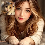 A curious calico cat up close, eyes wide and gleaming like green marbles, pink nose centered and paw reaching forward as if to boop the camera — pure cozy mischief on a soft blanket.