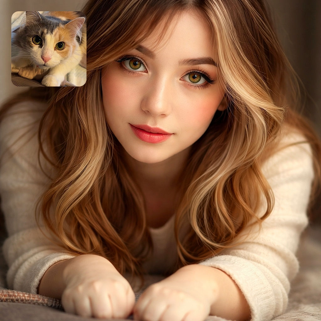 A curious calico cat up close, eyes wide and gleaming like green marbles, pink nose centered and paw reaching forward as if to boop the camera — pure cozy mischief on a soft blanket.