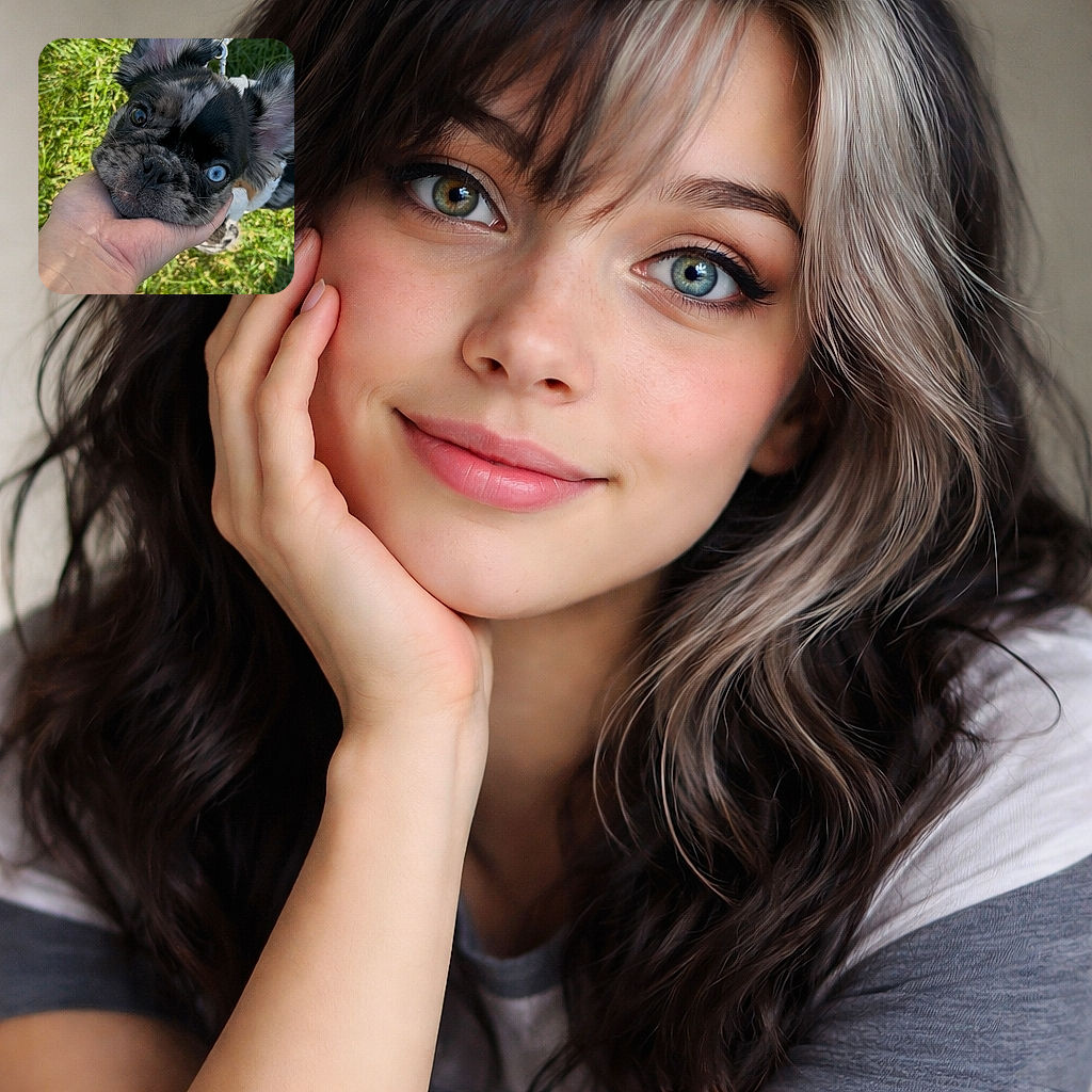A playful puppy with striking heterochromia eyes is gently held by a hand outdoors on a sunny grassy day, showing a mix of curiosity and affection.
