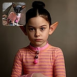 A tiny Chihuahua dressed in a colorful striped outfit stands on a cozy textured blanket, staring curiously at a large bone treat in front of it. The background features soft pillows, creating a warm and homey vibe.