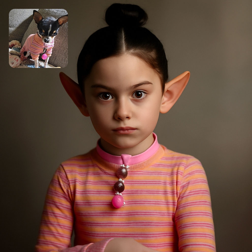 A tiny Chihuahua dressed in a colorful striped outfit stands on a cozy textured blanket, staring curiously at a large bone treat in front of it. The background features soft pillows, creating a warm and homey vibe.