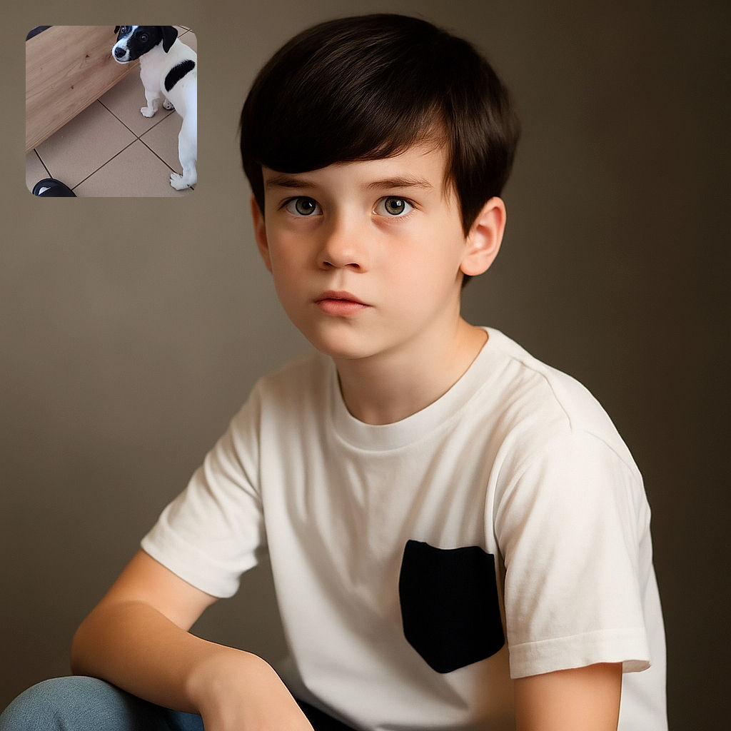 A curious black and white puppy stands on a tiled floor looking back towards the camera, next to a person's foot clad in a black sandal and white sock, with a wooden kitchen cabinet in the background.