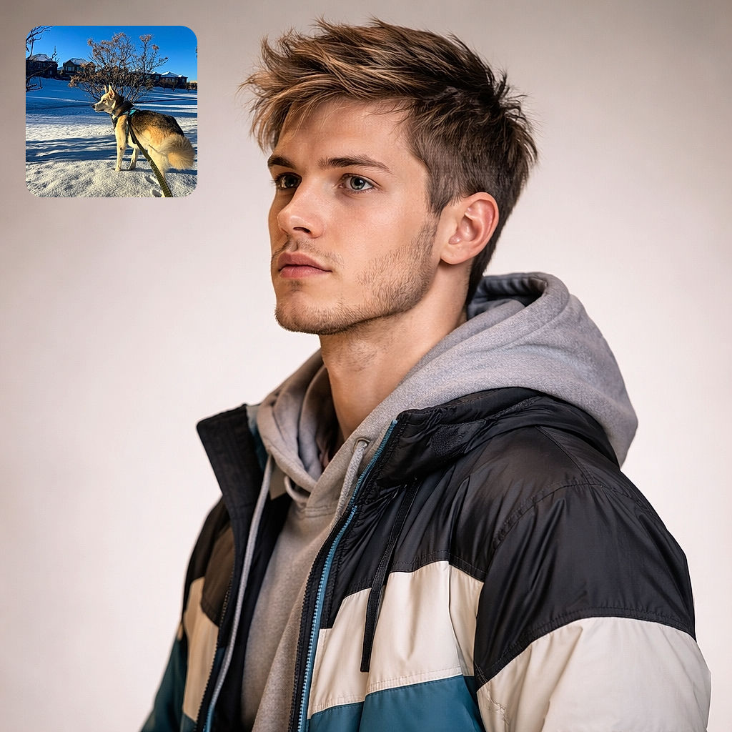 A vigilant husky-looking dog in a teal harness surveys a snowy suburban landscape like an overwatch sentinel — leash taut, tail fluffed, sunlight turning its fur into a golden halo against deep blue sky.