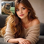 A fluffy small dog with a rich golden-brown coat lounges comfortably on a green couch, its big round eyes gazing curiously ahead, framed by soft cushions in the background.