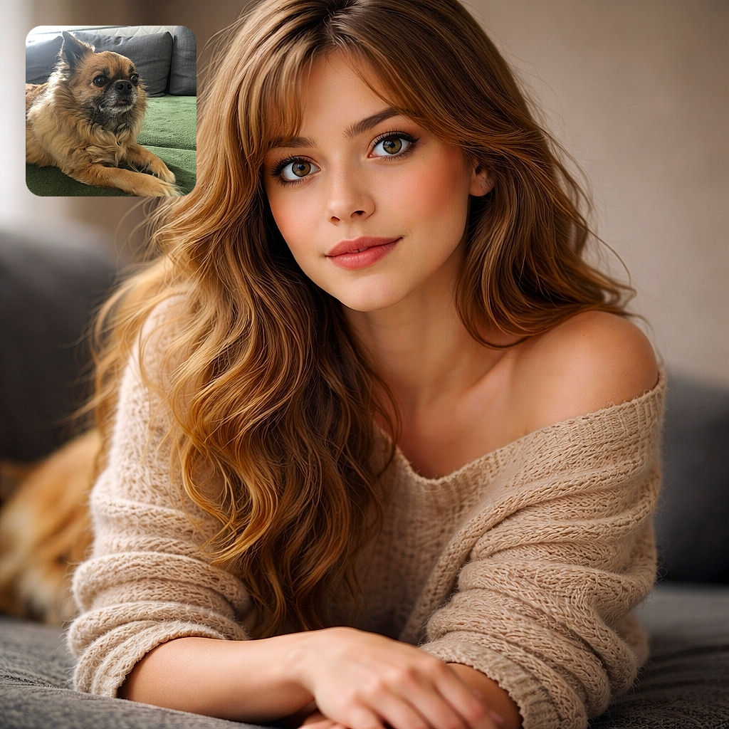 A fluffy small dog with a rich golden-brown coat lounges comfortably on a green couch, its big round eyes gazing curiously ahead, framed by soft cushions in the background.