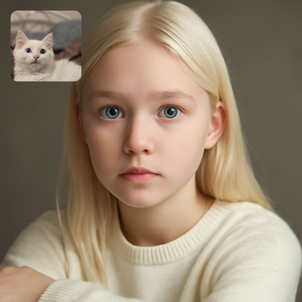 A fluffy white kitten with one blue eye and one green eye stares curiously, nestled on a soft blanket with a blurred cozy background, looking like a tiny guardian of the dreamland.