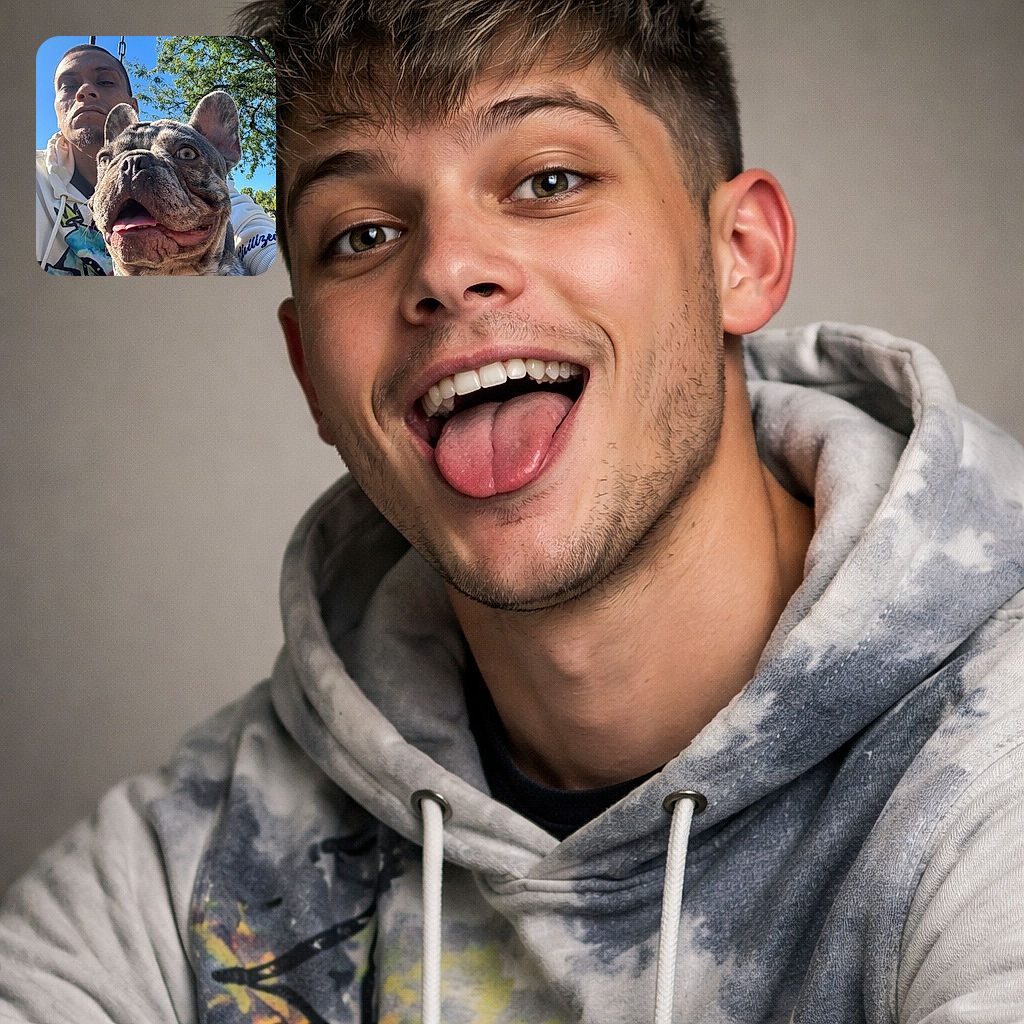 A bossy French bulldog photobombs a selfie, hogging the frame with tongue-out enthusiasm while its owner lurks in the background like a dignified sidekick under a perfect blue sky and a swing chain cameo.